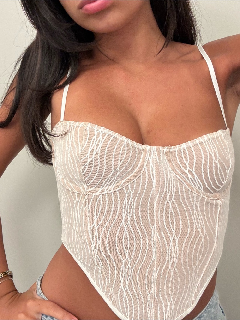 White Fox Boutique Cream Beige Mesh Corset Tank